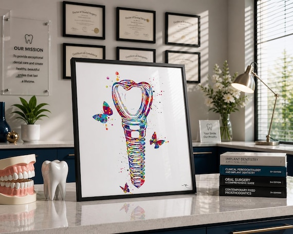 Dental Implant Watercolor Art Print, Tooth Anatomy Decor-721