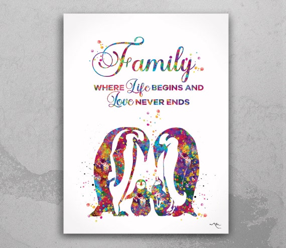 Penguin Family Watercolor Print, Same Sex Wedding Gift-341