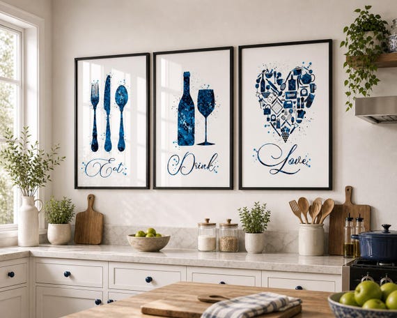 Eat Drink Love Kitchen Art Prints, Set of 3, Watercolor Dining Decor-2097