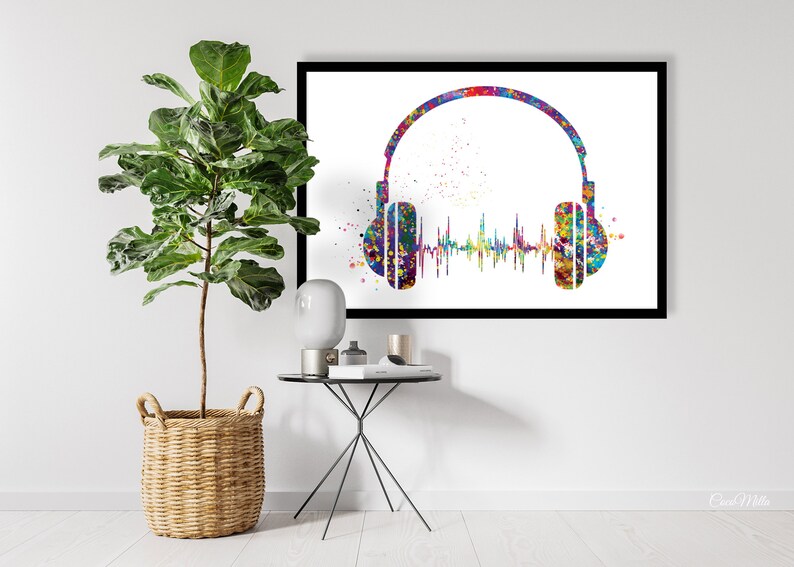 Music Lover Girl with Headphone Portrait Watercolor Print - Wall Art Canvas