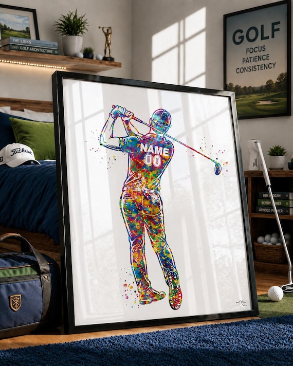 Personalized Golf Boy Male Man Watercolor Print, Custom Golfer Poster-3048