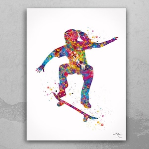 Skateboarder Girl Watercolor Print Skateboard Street Sport Art Wall Art Wall Decor Girls Room Home Decor Nursery Skateboarding Wall Art-1692