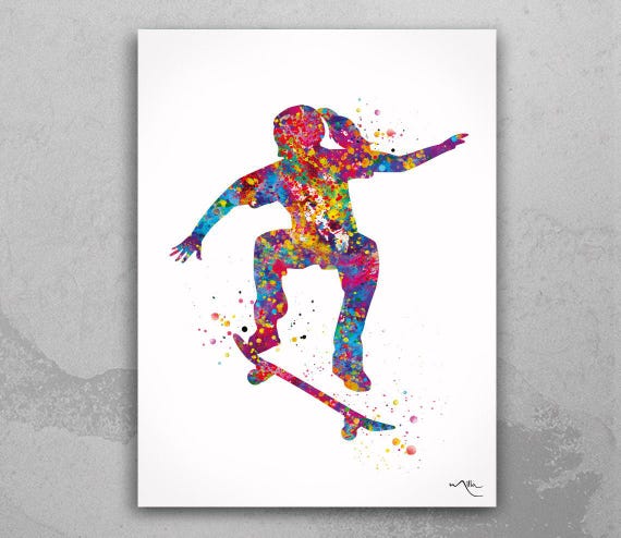 Skateboarder Girl Watercolor Art Print, Colorful Skateboarding Wall Decor-1692