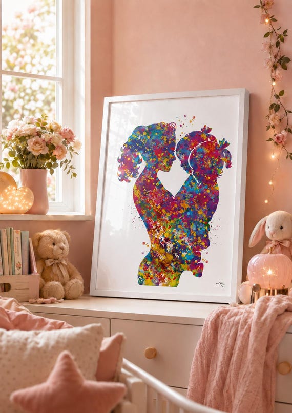 Mother and Two Daughters Watercolor Art Print, Nursery Decor-1876