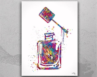 May include: A watercolor painting of a bottle of nail polish with a brush. The bottle and brush are painted in a variety of colors, including pink, blue, green, and yellow.