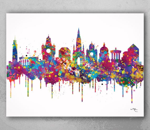 Edinburgh Skyline Watercolor Art Print, Scotland, UK-1810