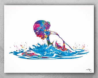 Swimmer Girl Watercolor Print Female Swimmer Art Gift Art Housewarming Swimming Wall Decor Girl's Room Decor Nursery Sport Wall Art-1867