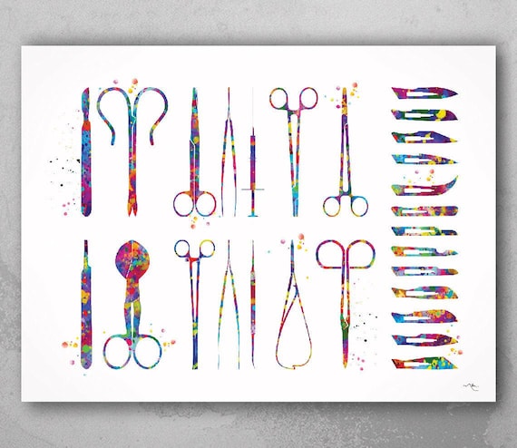 Surgical Tools Watercolor Print, Medical Office Wall Art-1042