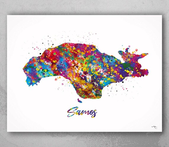 Samos Island Map Art Print: Greece Watercolor Travel Poster-2283
