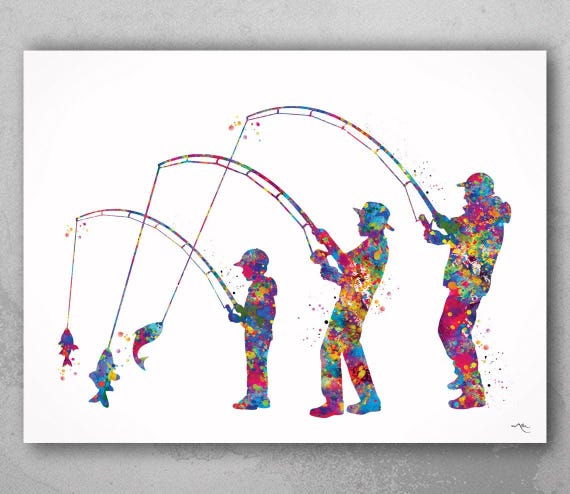 Fishing Family Watercolor Print, Father and Sons Wall Art-2231