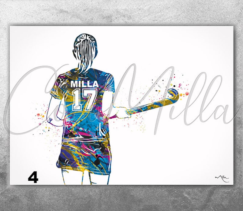 Field Hockey Player Women Girl Female Personalized Watercolor Print Sports Girl Teen Room Decor Personalized Gift Customize Wall Art-2387 image 4