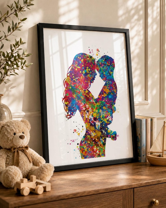 Mother and Son Watercolor Art Print, Family Gift-392
