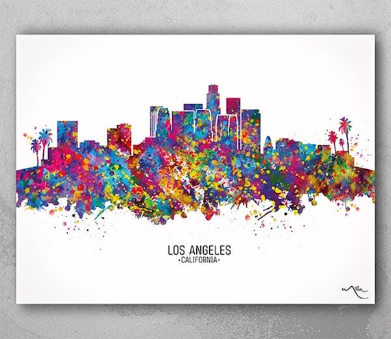 Los Angeles Skyline Watercolor Art Print, California Wall Decor-369