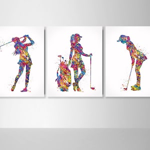 Golfspeler vrouw aquarel print set van 3 golfers golf cadeau golfer vrouwelijke golf sport schilderij golf meisje kunst cadeaus voor haar muur kunst-2736