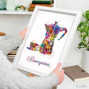 Buongiorno Moka Pot Watercolor Print, Italian Coffee Art-2202 image 7