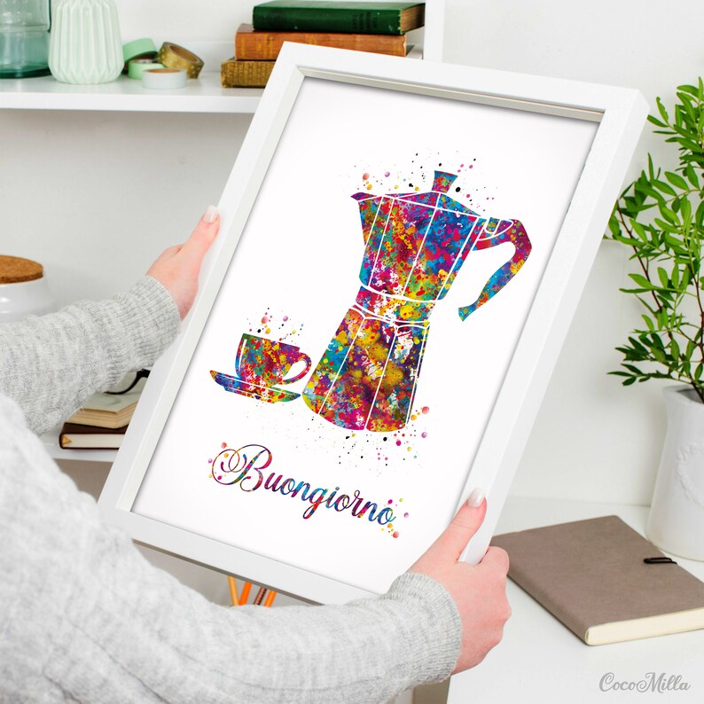 Buongiorno Moka Pot Watercolor Print, Italian Coffee Art-2202 image 7