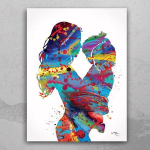 Mother with Daughter and Son Watercolor Print Mother with Baby Mom and Childrens Mum and Kids Girl Baby Shower Nursery Decor Mum Gift-2018