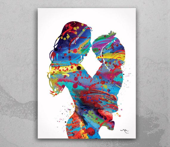 Mother and Children Watercolor Art Print, Nursery Decor-2018