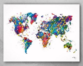 Printable art Rainbow Watercolor world map Printable wall art Printable Geography wall artPrintable watercolor world map travel decor