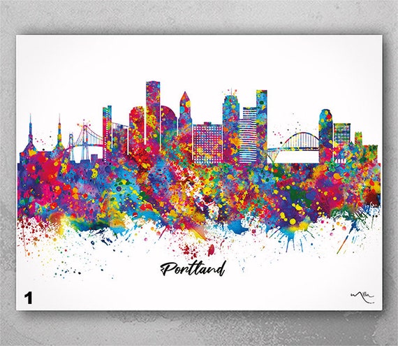 Portland Skyline Watercolor Print, Colorful Cityscape Art-2731