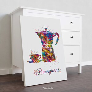 Buongiorno Moka Pot Watercolor Print, Italian Coffee Art-2202 image 6