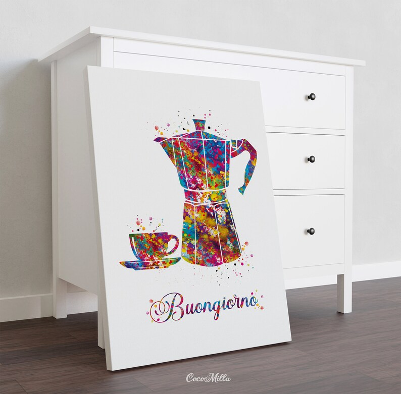 Buongiorno Moka Pot Watercolor Print, Italian Coffee Art-2202 image 6