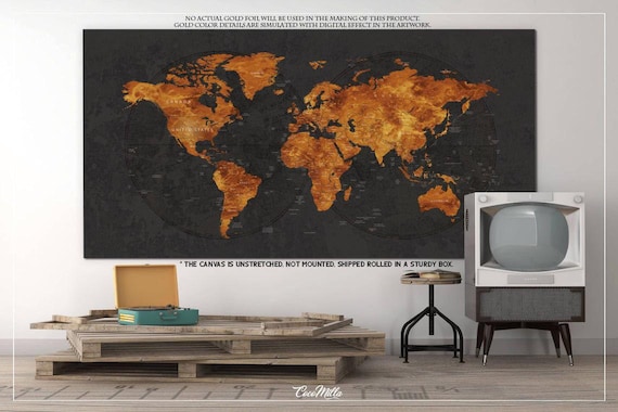 Copper World Map Canvas Print, Large Rustic Push Pin Travel Art-1236