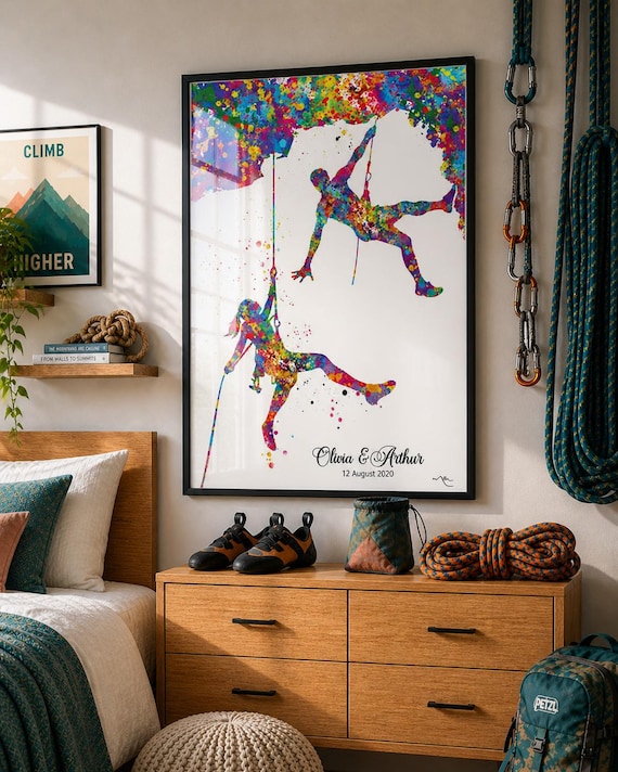 Personalized Rock Climbing Couple Watercolor Print, Adventure Art-416