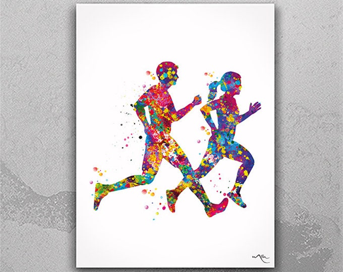 Runners Watercolor Print Canvas Runner Woman Man Couple Marathon Winner Gift Sport Poster Motivational Inspirational Running Gift-1382
