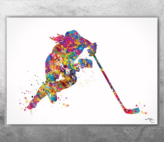 Girl Hockey Player Watercolor Art Print, Sports Wall Decor-1511