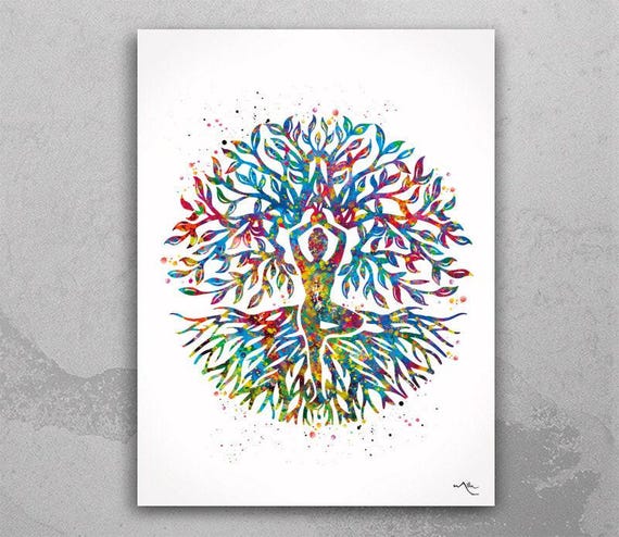 Yoga Tree of Life Watercolor Print, Meditation Wall Art-2339