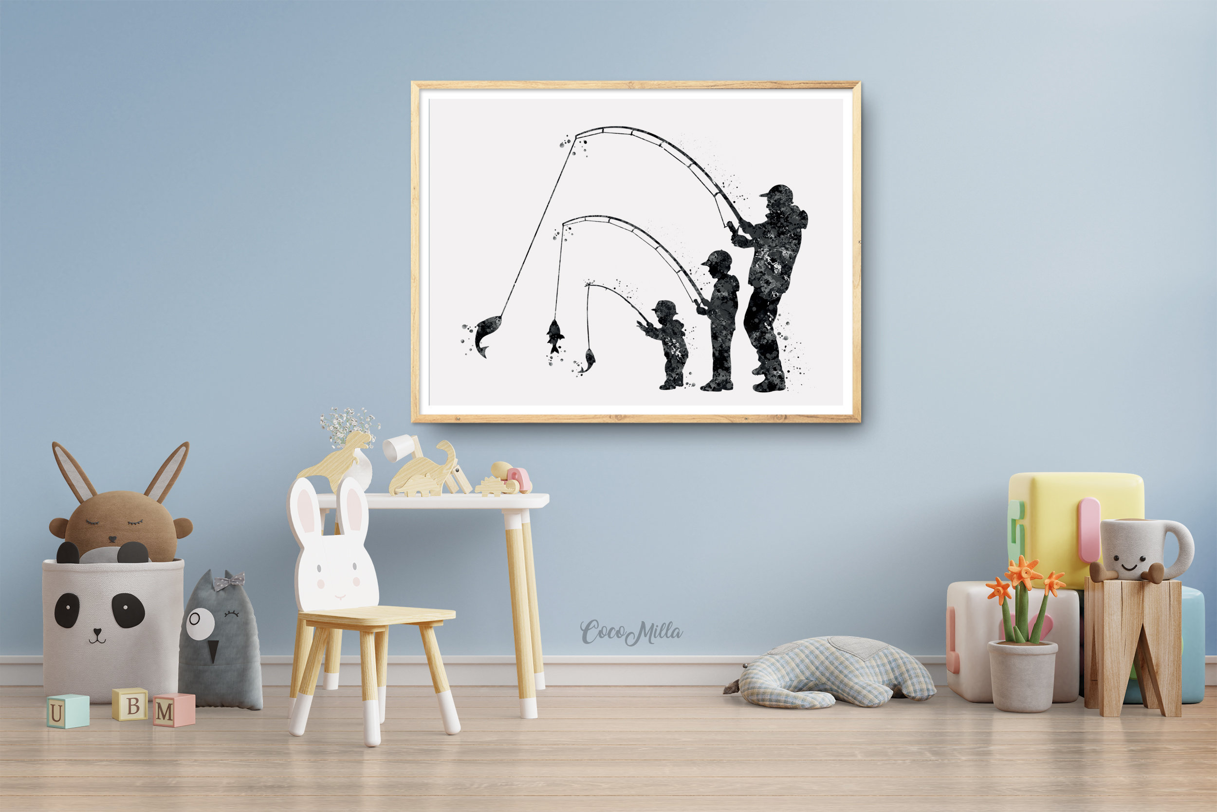 Father Son and Baby Fishing Watercolor Print Fishing Kids Father Day  Fishing Art Gift Wall Art Dad and Kids Home Decor Nursery Decor-2136 