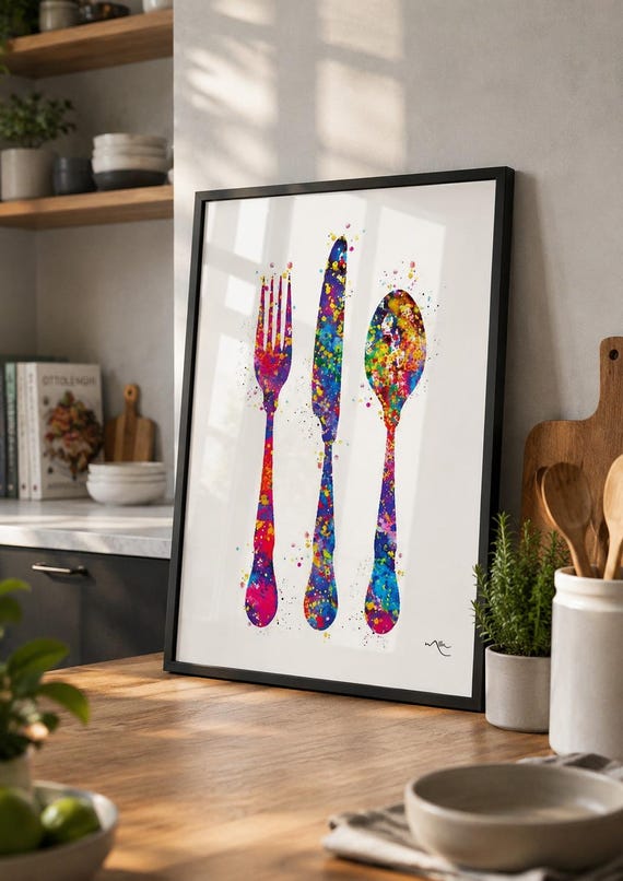 Watercolor Cutlery Print | Kitchen Utensil Wall Art-533