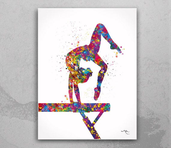 Gymnastics Watercolor Print, Colorful Tumbling Art-1961