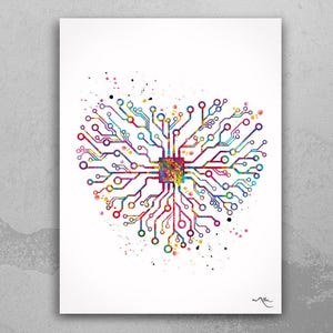 Op de afbeelding: Een kleurrijk abstract schilderij van een printplaat in de vorm van een hart. De printplaat is gemaakt van lijnen en stippen in tinten rood, oranje, geel, groen, blauw en paars. Het schilderij is op een witte achtergrond.