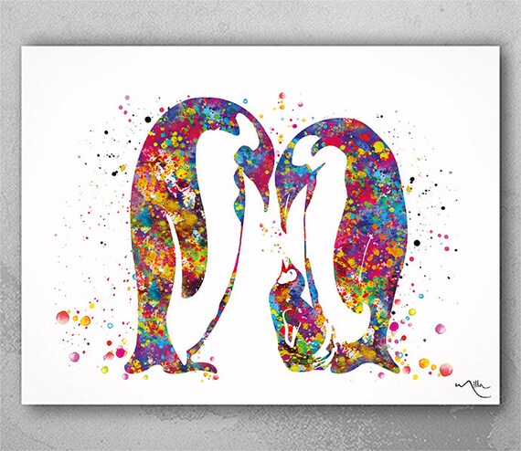 Penguin Family Watercolor Art Print, Nursery Wall Decor-606
