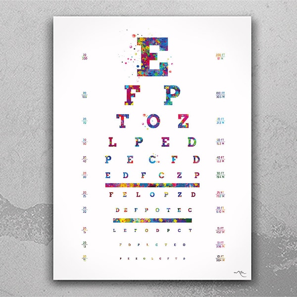 Eye Chart Watercolor Print Eye Test Optometrist Optician Poster Vision Test Medical Art Ophthalmology Doctor Office Clinic Wall Art-2465