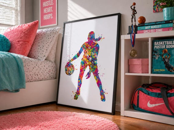 Basketball Girl Watercolor Print - Colorful Sports Wall Art-1750