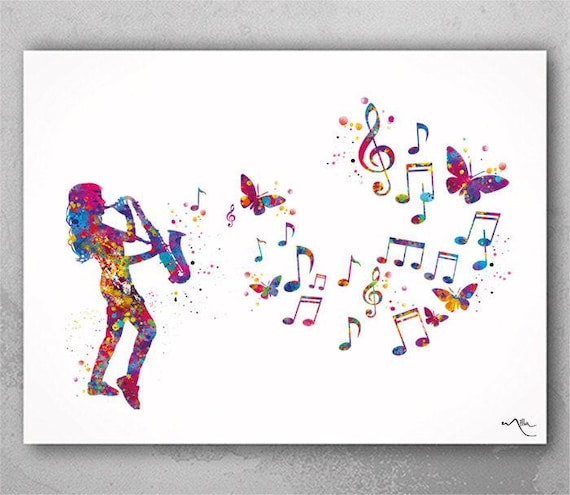 Saxophone Player Watercolor Print: Girl Musician Art-52