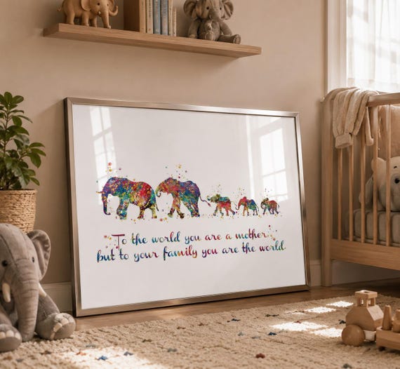 Elephant Family Watercolor Print, Mom, Dad & Three Babies-1651
