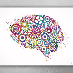 Könnte beinhalten: Ein farbenfrohes abstraktes Gehirndesign aus Zahnrädern und Zahnrädern. Das Gehirn besteht aus einer Vielzahl von Farben, darunter Rot, Orange, Gelb, Grün, Blau, Lila und Pink. Die Zahnräder sind alle unterschiedlich groß und geformt und so angeordnet, dass sie suggerieren, dass das Gehirn arbeitet.