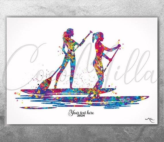 Paddle Boarder Watercolor Print: Female Couple, Ladies Sports Wall Art-2799