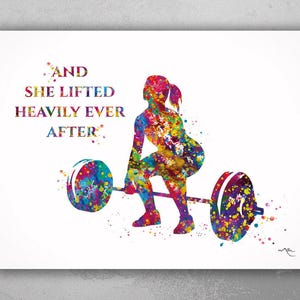 Woman Weight Lifter Quote Watercolor Print Female Weightlifter Gift Art Wall Decor Gym Fitness and she lifted motivational Wall Art-2038