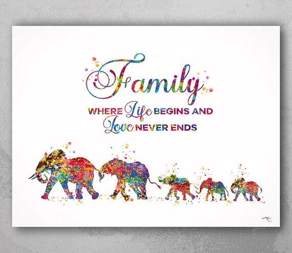 Elephant Family Quote Watercolor Print Mom Dad and three Kids Baby Gift Housewarming Gift Wall Art Wall Decor Home Decor Wall Hanging-2239