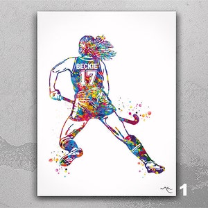 Field Hockey Player Women Girl Female Personalized Watercolor Print Sports Girl Teen Room Decor Personalized Gift Customize Wall Art-2397