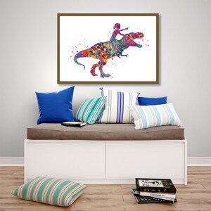 Dinosaur Rider Girl Watercolor Print Little Girl and T-Rex Art Gift Birthday Party Girls Room Decor Wall Art Nursery Decor Wall Hanging-2263 image 5