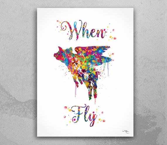 Flying Pig Watercolor Art Print, Whimsical Wall Decor-766