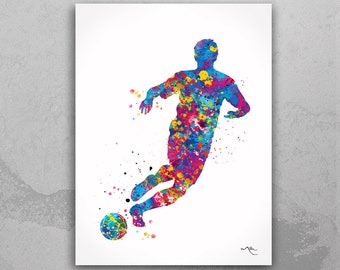 Soccer Player Man Watercolor Print Running Soccer Boy Nursery Football Poster Wall Art Wall Decor Run With Your Heart Sport Wall Art-374