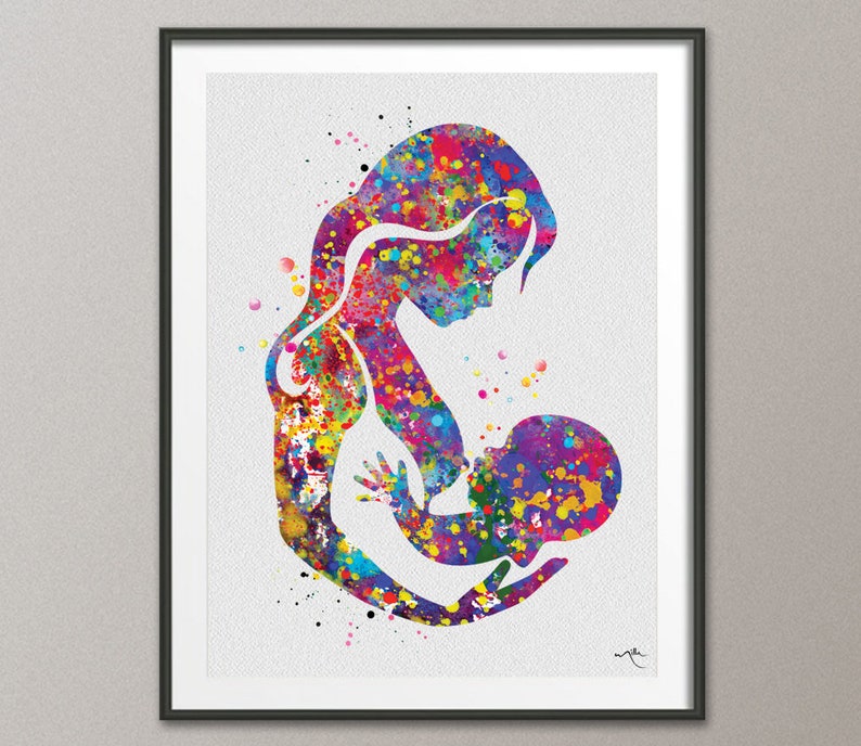 Breastfeeding Mother Watercolor Print Mom Newborn Doula image 0