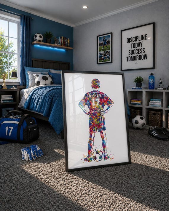 Personalized Soccer Player Watercolor Print, Boys Room Decor-2745
